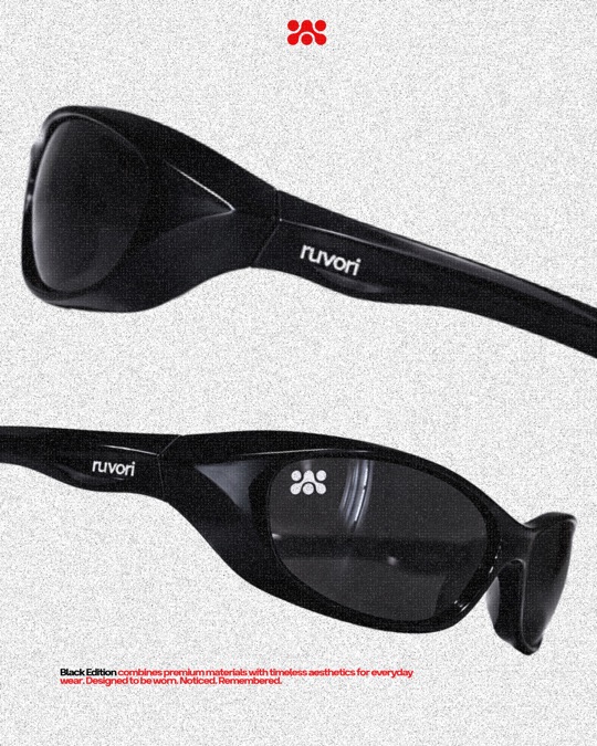 Ruvori Black Edition sunglasses, a glossy black wraparound frame with dark lenses, shown from two angles.