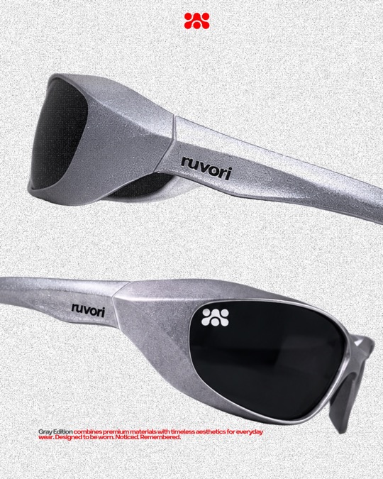 Ruvori Gray Edition sunglasses, a silver-gray wraparound frame with dark lenses, shown from two angles.