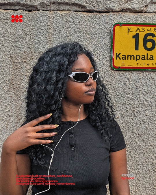 Woman in gray Ruvori sunglasses posing against a wall with a yellow number 16 sign.